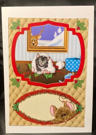 2 Christmas cat and mouse card fronts by pauline inglis