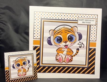 8X8 Tiger with Headphones Card Front, Tag & Sentiments  by pauline inglis