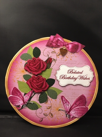 Cerise Rose Belated Birthday 7in Circle Decoupage Topper by pauline inglis
