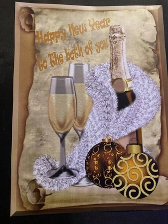 Happy New Year! Champagne and Glasses Gold Baubles A4 by pauline inglis