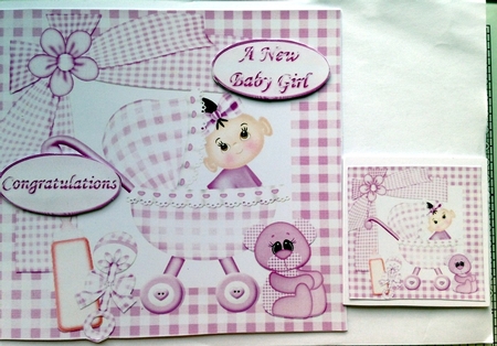 Baby Girl in Her Pram with Purple Gingham Teddy 8x8 by pauline inglis