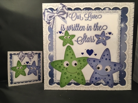 Our love is written in the stars, with lace and blue bow 8x8 by pauline inglis
