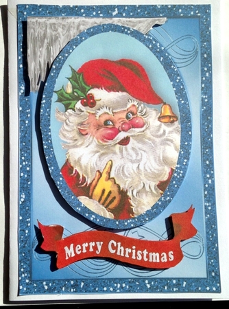 lovely santa card front in glitter oval topper by pauline inglis
