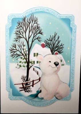 Cute little polar bear with snow scene turq bracket Card front/insert by pauline inglis