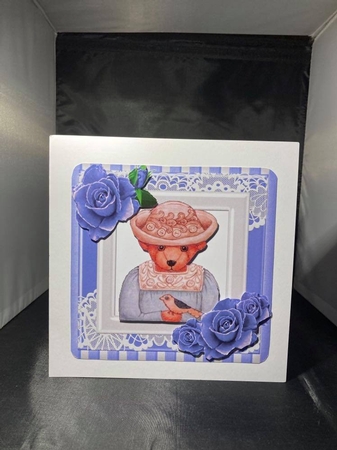 Pretty folklore teddy with lace and painted blue roses7x7 by pauline inglis