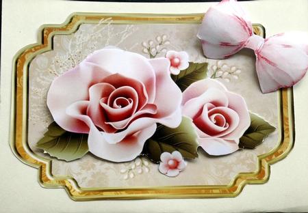 Peach Roses in Ornate Frame with Bow by pauline inglis