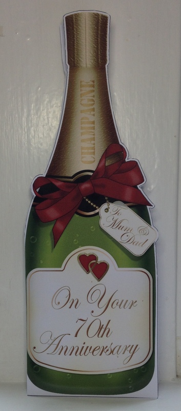 Large Dl 70th Anniversary Mum & Dad Champagne Shaped Card by pauline inglis
