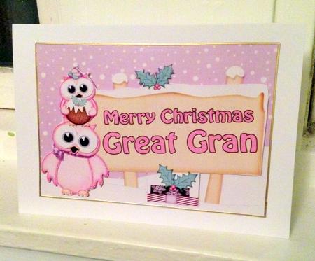 Xmas Great Gran Owls Signpost 5x7 Easicut Decoupage by pauline inglis