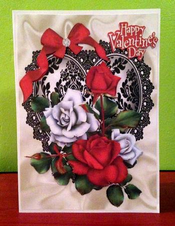 Red and White Roses with Bow on Blace Lace Heart by pauline inglis