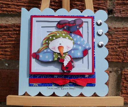 Snowman Playing with Santa Toy Inverted Pyramid with Decoupage by Pauline Worthington