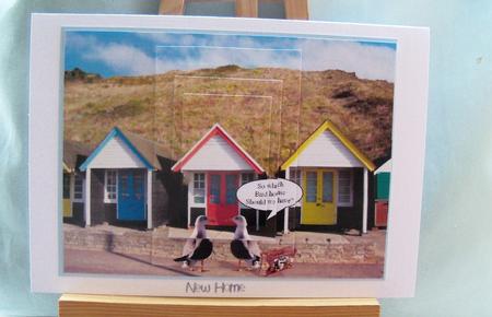 Beach Huts & Seagulls - New Home Humourous Pyramid Card by Pauline Worthington