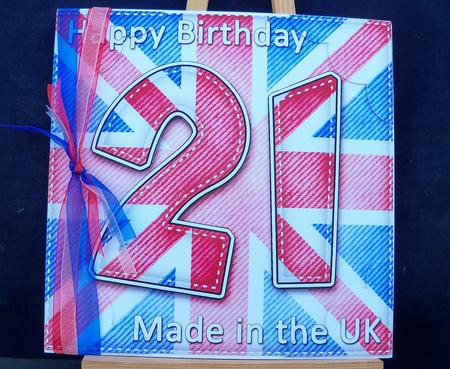 8 x 8 Flying the Flag Uk 21st Birthday Scalloped Topper by Pauline Worthington