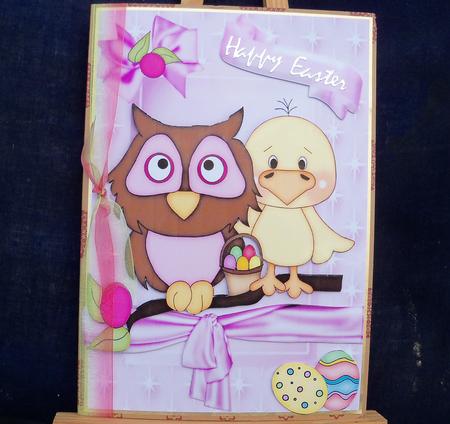 Little Owl and Easter Chick in Star Frame with Bow by Pauline Worthington