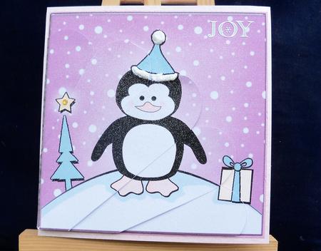 Cute Xmas Penguin Quick Card with Fan Pyramage Topper by Pauline Worthington