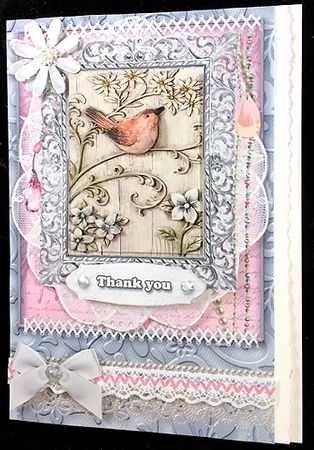 Shabby Chic Quick Card with gems tag, and lace by Peggy Stogdill