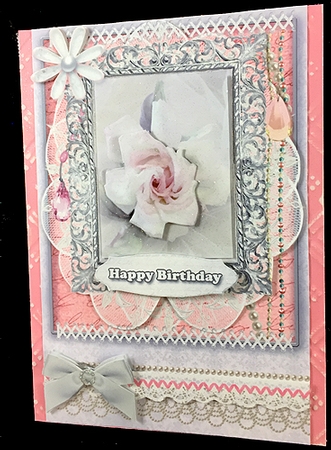 Shabby Chic Quick Card with gems tag, and lace by Peggy Stogdill