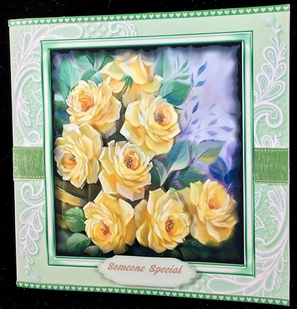 Beautiful Yellow  Roses on Corner lace  by Peggy Stogdill