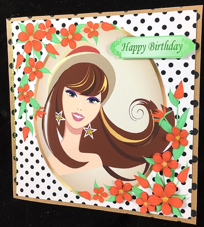 trendy lady with black polkadot and red flowers 8x8 by Peggy Stogdill