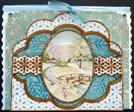 Pretty Snow Scene Blue Anglaise Scallop Bottom Stacker by Peggy Stogdill