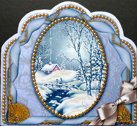 Blue Winter Walk Ribbon Giant 8in Scallop Bottom Stacker by Peggy Stogdill