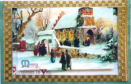 Christmas Church and Holly Gold Frame Aperture Card by Peggy Stogdill