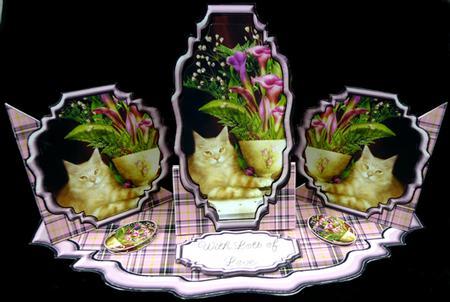 Triple Twist Easel Card - Cat with Flowers by Peggy Stogdill
