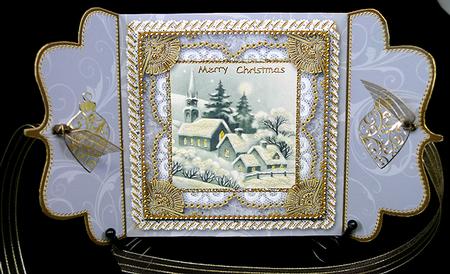 Christmas Village 2a Lace Bracket Wrap Card by Peggy Stogdill