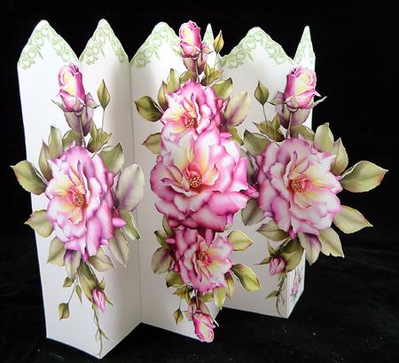 Concertina Pink Roses Over the Edge 3D Card Kit + Bookmarks by Peggy Stogdill