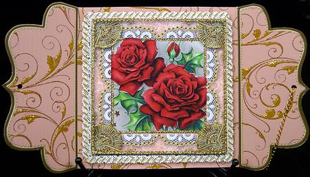 Beautiful Red Roses 2 Lace Bracket Wrap Card by Peggy Stogdill