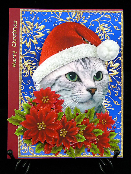 Santa Tabby Kitty Cat and Poinsettia Flowers 2 by Peggy Stogdill