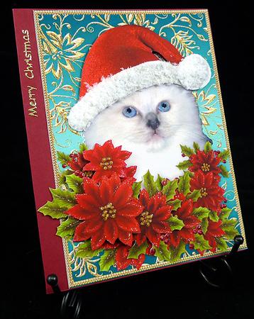 Santa Birman Kitty Cat and Decoupage Poinsettia Flowers 4 by Peggy Stogdill