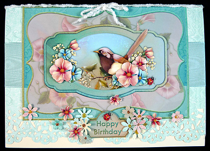 Bird Garden Card Front and Decoupage by Peggy Stogdill
