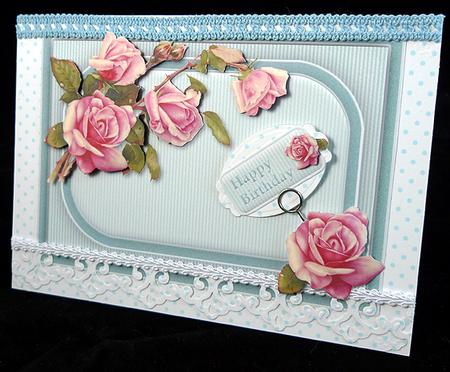 Pink Roses on Blue Quick Card by Peggy Stogdill