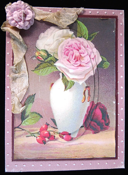 Pink/cream Roses in Vintage Vase Oval Pyramids by Peggy Stogdill
