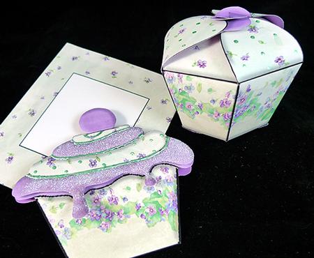 Violets Cupcake Gift Box, Card & Matching Envelope by Peggy Stogdill