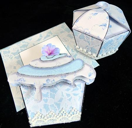 Lacy Blue Cupcake Gift Box, Card & Matching Envelope by Peggy Stogdill