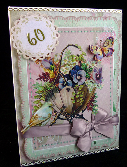 Vintage Basket of Flowers, with Little Bird and Bow A4 by Peggy Stogdill