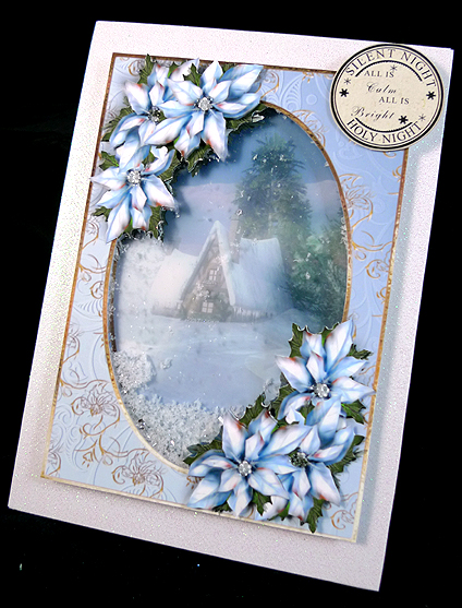 Snowy Christmas Cottage & Ice Blue Poinsettias by Peggy Stogdill
