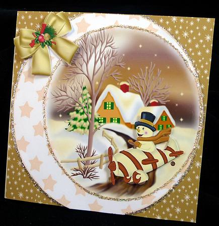 Snowman in Plane in Snow Scene Rocker Card by Peggy Stogdill