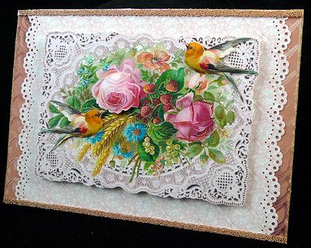 Pretty Coloured Vintage Flowers on Lace with Birds A4 by Peggy Stogdill
