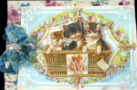 Vintage Kittens in a Basket in Floral Frame by Peggy Stogdill