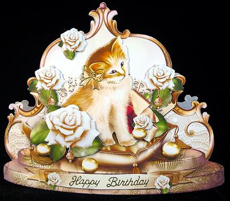 Beautiful Little Cat with Soft White Roses in Vintage Style by Peggy Stogdill