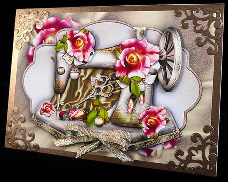 Antique Sewing Machine with Silk, Scissors and Roses by Peggy Stogdill