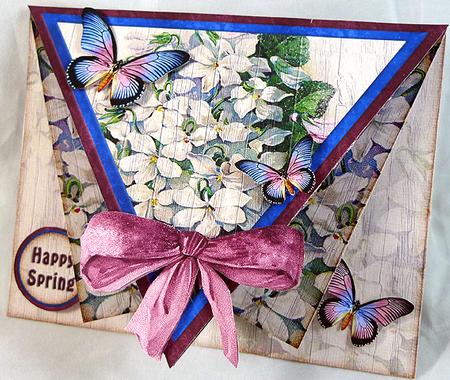 White and Blue Flowers Triangle Fancy Fold Card 203 by Peggy Stogdill
