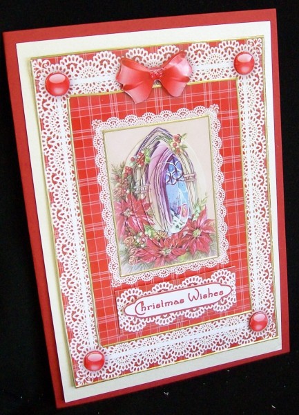 Christmas Poinsettia 'n Lace A5 Pyramid Card Front by Rae Trees