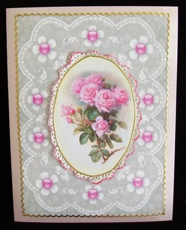 Pink Roses 'n Lace A4 Card Front by Rae Trees