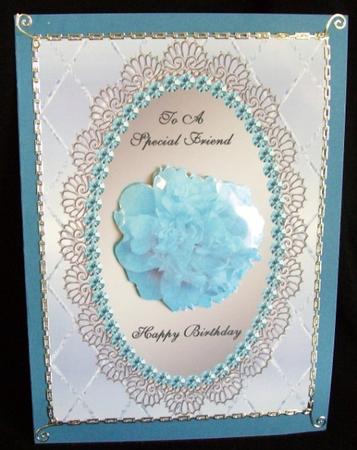 Blue & Silver Card Front with Blue Carnation - Friend by Rae Trees