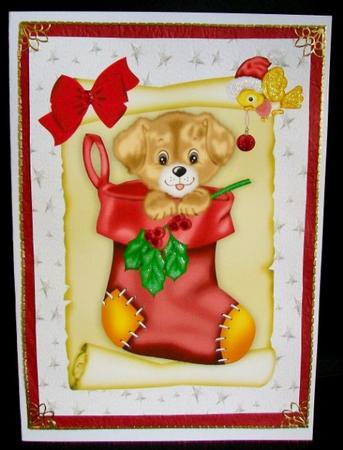 Cute Puppy in a Stocking with Little Bird A4 by Rae Trees