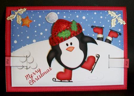 3D Xmas Skating Penguin Animated Moveable Decoupage Card Kit by Rae Trees