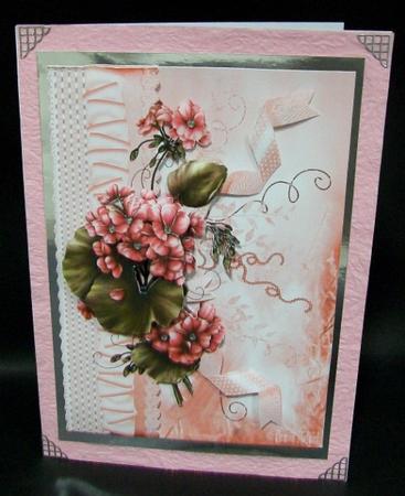 Geraniums on Ribbon and Lace by Rae Trees